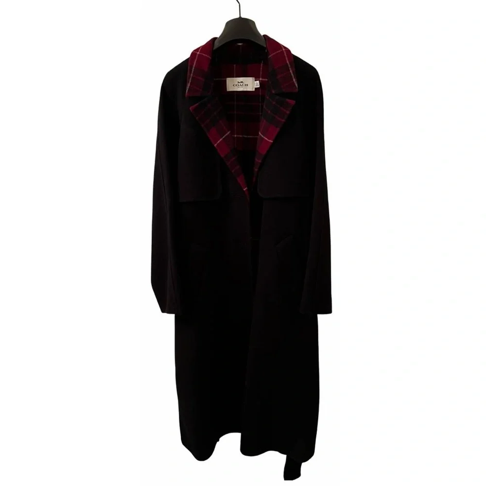 Women’s Coach Relaxed fit large Never Worn Wool Belted Trench Red Plaid Trim - Picture 8 of 11